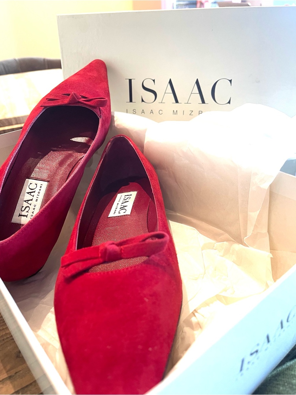 Isaac Mizrahi Red Suede Pointed-Toe Flats with Bow